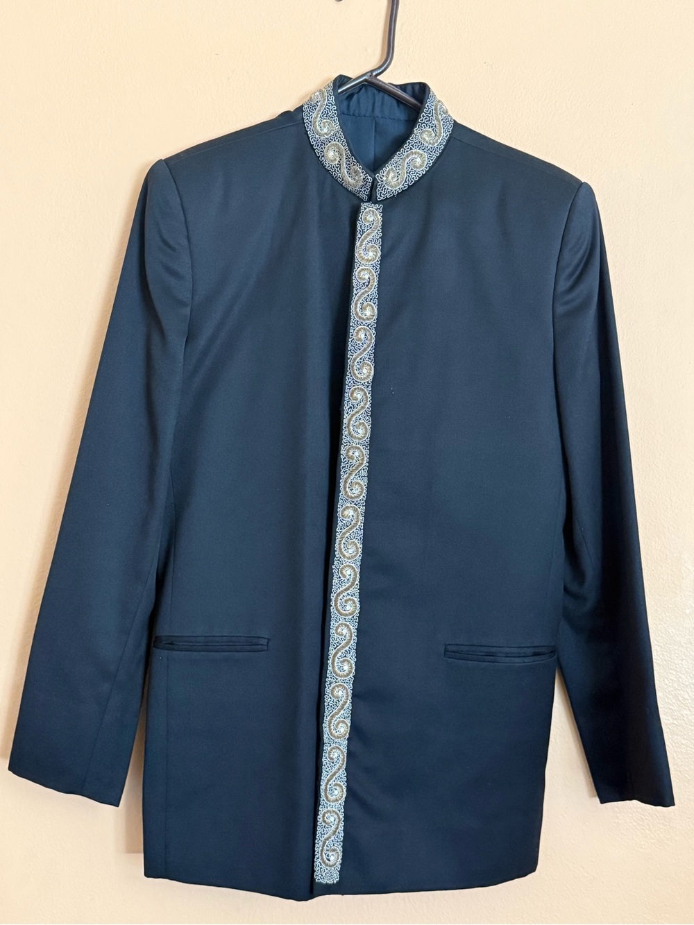 Navy Blue Embellished Mandarin Collar Blazer